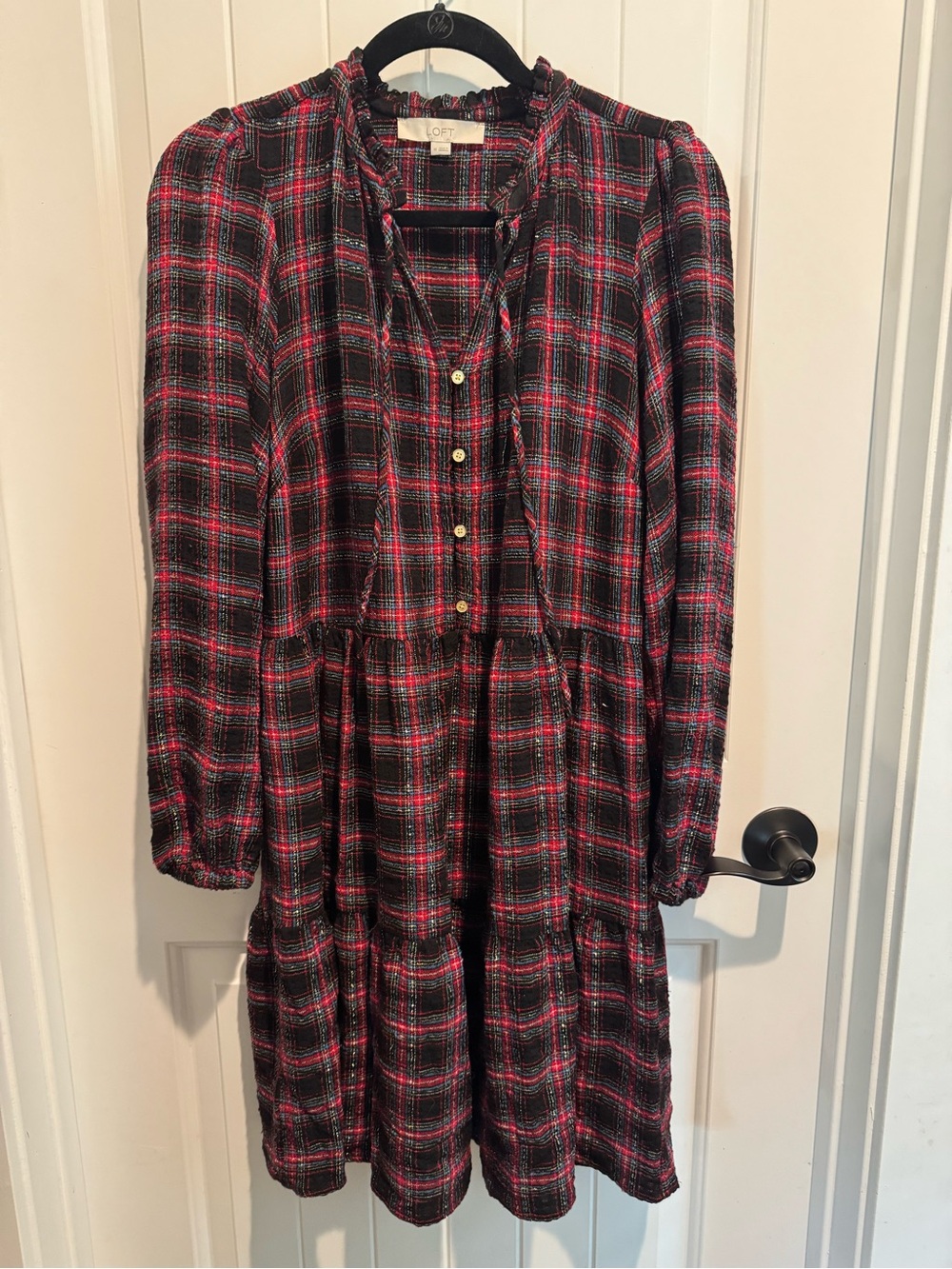 LOFT Tartan Tiered Button-Front Dress | Medium